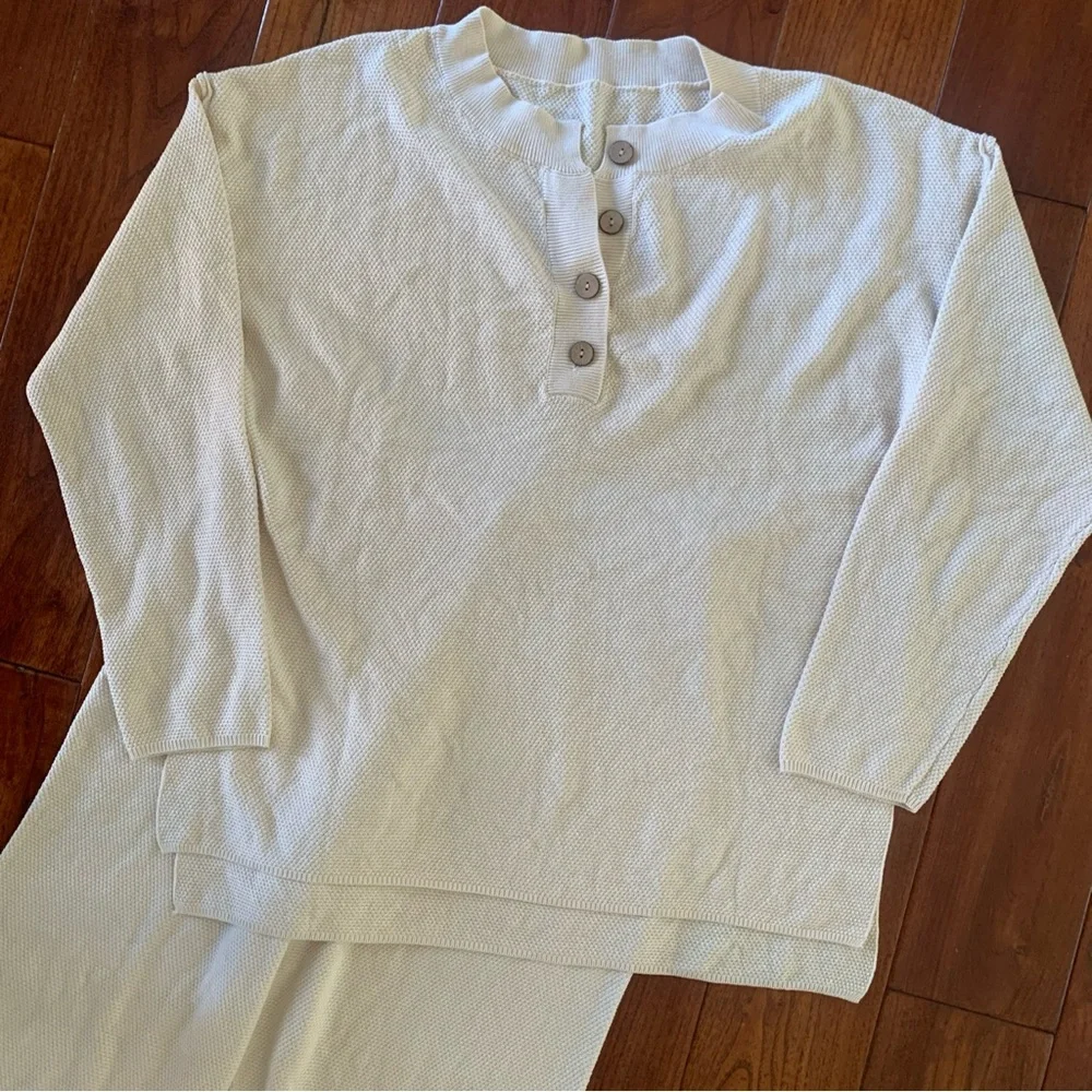 LILLUSORY Cream Knit 2 Piece Lounge Set Size M Henley Top Pants Oversize Slouchy